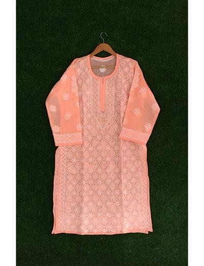 Chhangamal Hand Embroidered Peach Colour Cotton Chikankari Kurti Piece