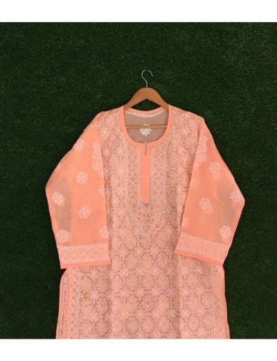Chhangamal Hand Embroidered Peach Colour Cotton Chikankari Kurti Piece