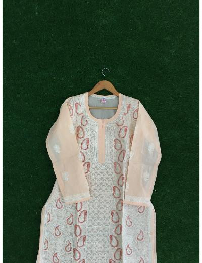Chhangamal Hand Embroidered Peach Colour Cotton Chikankari Kurti Piece