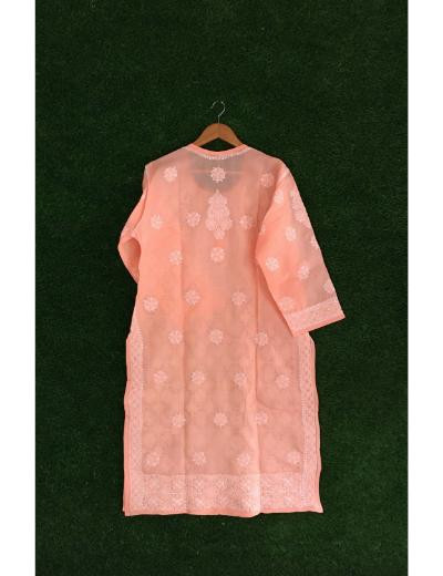 Chhangamal Hand Embroidered Peach Colour Cotton Chikankari Kurti Piece