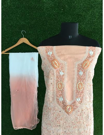 Chhangamal Hand Embroidered Peach Colour Cotton Chikankari Suit Piece