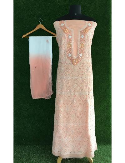 Chhangamal Hand Embroidered Peach Colour Cotton Chikankari Suit Piece