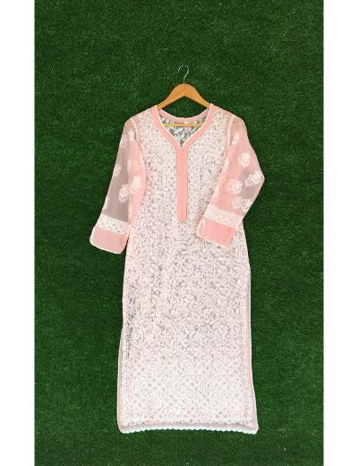 Chhangamal Hand Embroidered Peach Colour Georgette Chikankari Kurti Piece
