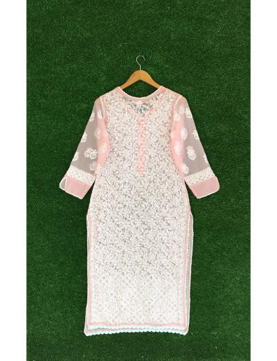 Chhangamal Hand Embroidered Peach Colour Georgette Chikankari Kurti Piece