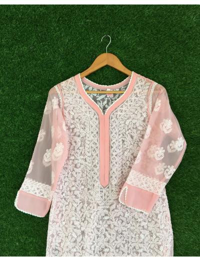 Chhangamal Hand Embroidered Peach Colour Georgette Chikankari Kurti Piece