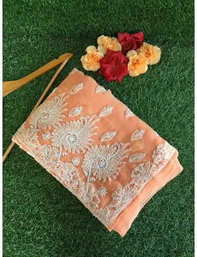 Chhangamal Hand Embroidered Peach Colour Georgette Chikankari Saree