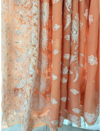 Chhangamal Hand Embroidered Peach Colour Georgette Chikankari Saree