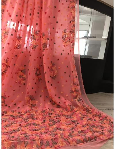 Chhangamal Hand Embroidered Peach Colour Georgette Chikankari Saree