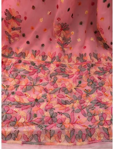 Chhangamal Hand Embroidered Peach Colour Georgette Chikankari Saree
