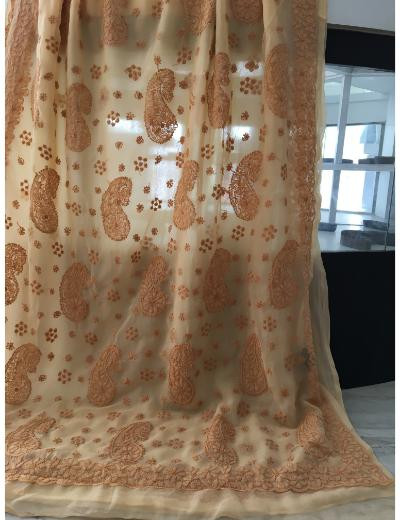 Chhangamal Hand Embroidered Peach Colour Georgette Chikankari Saree