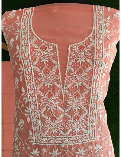 Chhangamal Hand Embroidered Peach Colour Mul-chanderi Chikankari Kurta Dupatta Piece