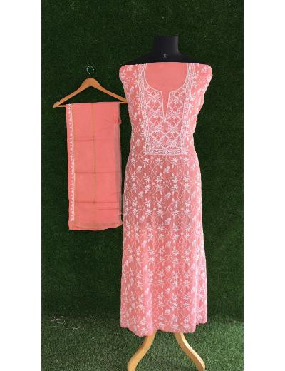 Chhangamal Hand Embroidered Peach Colour Mul-chanderi Chikankari Kurta Dupatta Piece