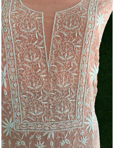 Chhangamal Hand Embroidered Peach Colour Mul-chanderi Chikankari Kurta Dupatta Piece