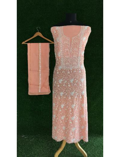 Chhangamal Hand Embroidered Peach Colour Mul-chanderi Chikankari Kurta Dupatta Piece