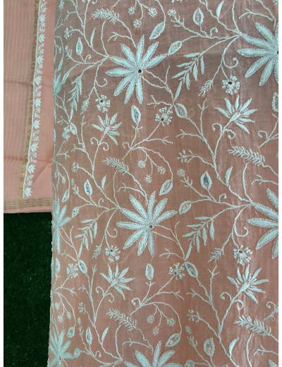 Chhangamal Hand Embroidered Peach Colour Mul-chanderi Chikankari Kurta Dupatta Piece