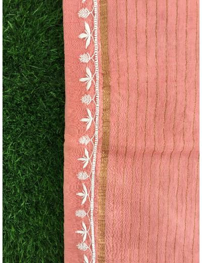 Chhangamal Hand Embroidered Peach Colour Mul-chanderi Chikankari Kurta Dupatta Piece