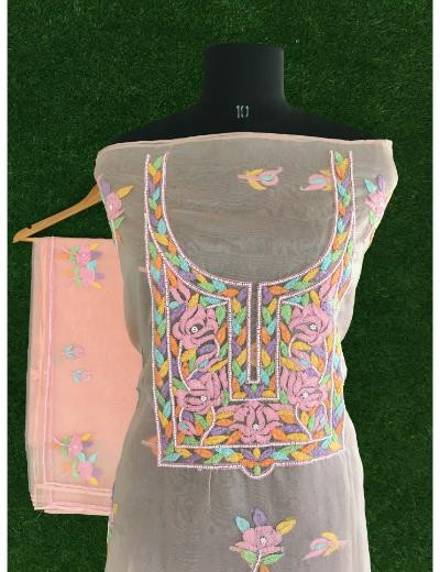 Chhangamal Hand Embroidered Peach Colour Organza  Chikankari Kurta Dupatta Piece