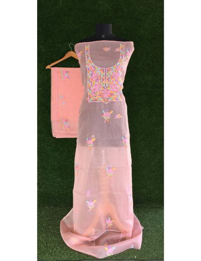Chhangamal Hand Embroidered Peach Colour Organza  Chikankari Kurta Dupatta Piece