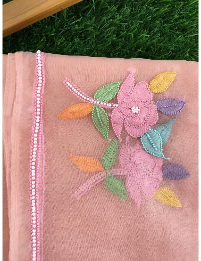 Chhangamal Hand Embroidered Peach Colour Organza  Chikankari Kurta Dupatta Piece