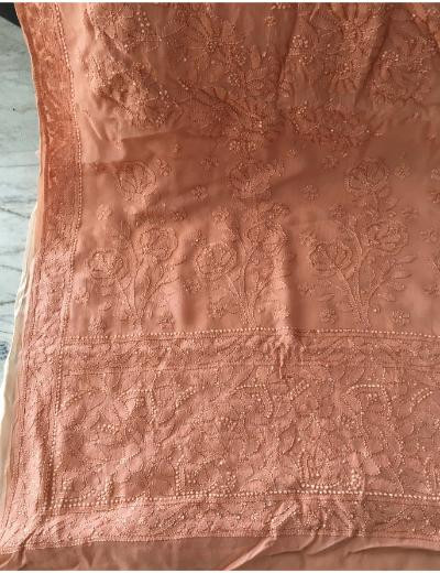 Chhangamal Hand Embroidered Peach Colour Pure Georgette  Chikankari Saree Piece
