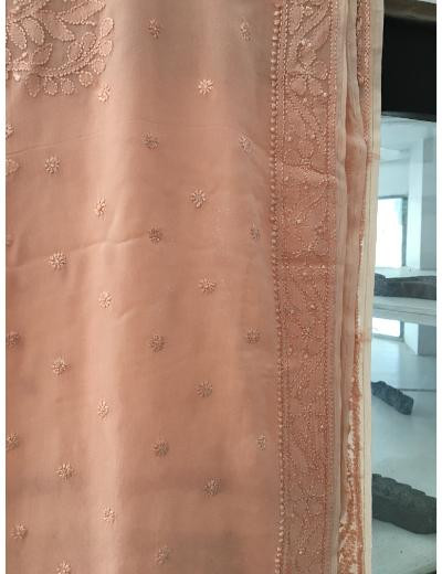 Chhangamal Hand Embroidered Peach Colour Pure Georgette  Chikankari Saree Piece