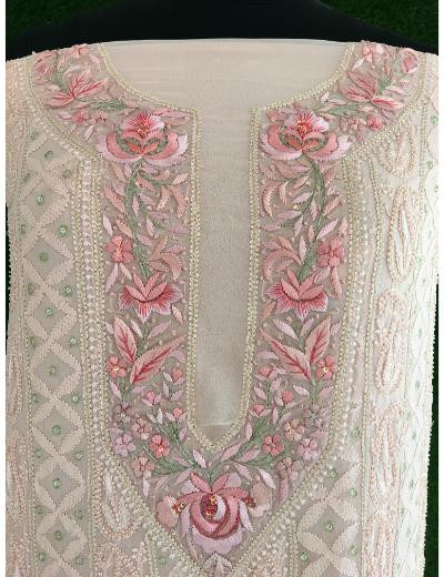 Chhangamal Hand Embroidered Peach Colour Pure Georgette Chikankari Suit Piece