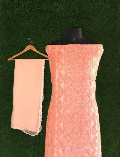 Chhangamal Hand Embroidered Peach Colour Silk Chikankari Suit Length