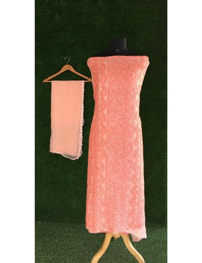 Chhangamal Hand Embroidered Peach Colour Silk Chikankari Suit Length