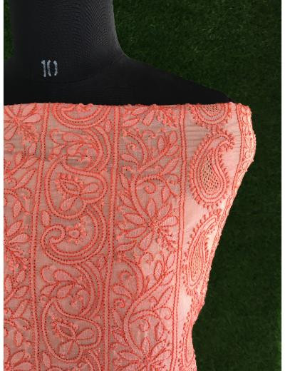 Chhangamal Hand Embroidered Peach Colour Silk Chikankari Suit Length