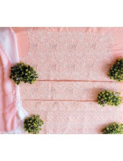 Chhangamal Hand Embroidered Peach Colour Unstitched Cotten Chikankari Suit Length