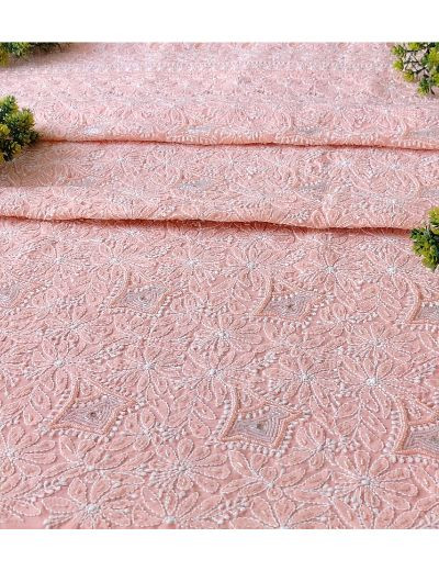 Chhangamal Hand Embroidered Peach Colour Unstitched Cotten Chikankari Suit Length
