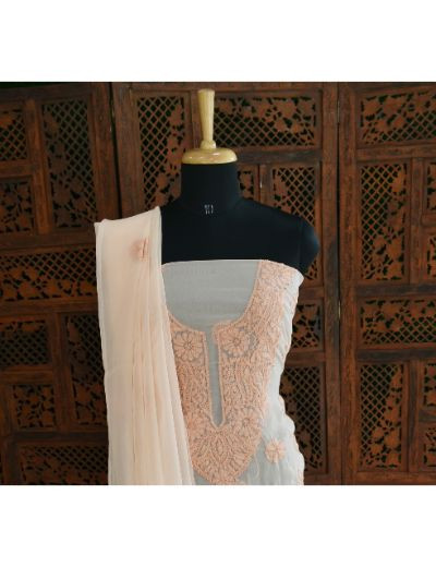 Chhangamal Hand Embroidered Peach Colour Unstitched Faux Georgette Chikankari Suit Length