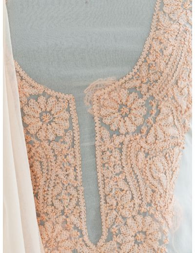Chhangamal Hand Embroidered Peach Colour Unstitched Faux Georgette Chikankari Suit Length