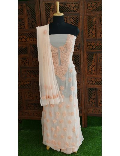 Chhangamal Hand Embroidered Peach Colour Unstitched Faux Georgette Chikankari Suit Length