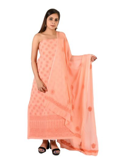 Chhangamal Hand Embroidered Peach Cotton Blend Chikankari Suitlength