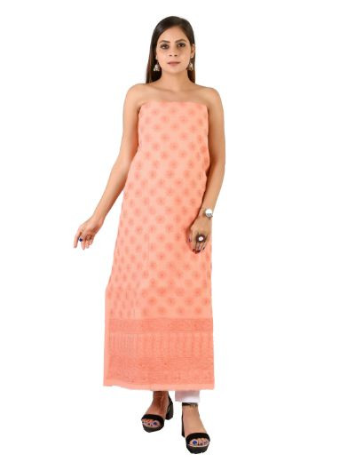 Chhangamal Hand Embroidered Peach Cotton Blend Chikankari Suitlength