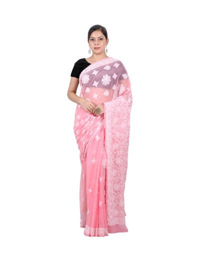 Chhangamal Hand Embroidered Peach Georgette Half Jaal Chikankari Saree