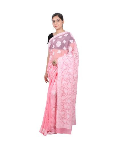 Chhangamal Hand Embroidered Peach Georgette Half Jaal Chikankari Saree