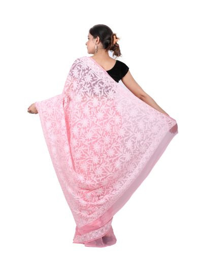 Chhangamal Hand Embroidered Peach Georgette Half Jaal Chikankari Saree