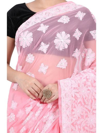 Chhangamal Hand Embroidered Peach Georgette Half Jaal Chikankari Saree