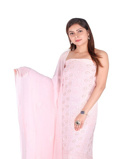 Chhangamal Hand Embroidered Peach Pure Georgette Suit Length