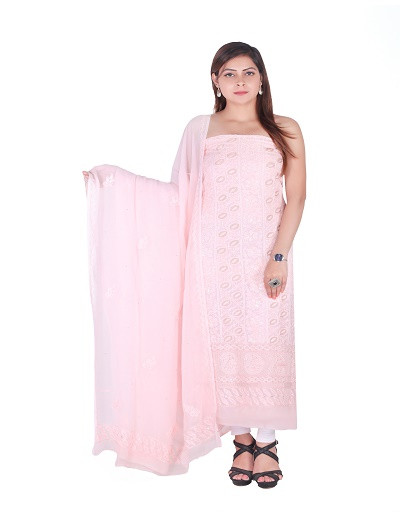 Chhangamal Hand Embroidered Peach Pure Georgette Suit Length