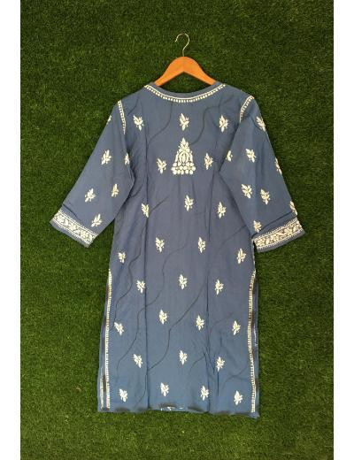 Chhangamal Hand Embroidered Peacock Blue Colour Modal Chikankari Kurti
