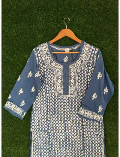 Chhangamal Hand Embroidered Peacock Blue Colour Modal Chikankari Kurti