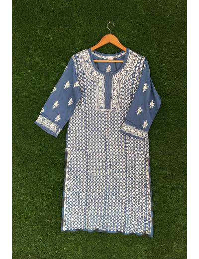 Chhangamal Hand Embroidered Peacock Blue Colour Modal Chikankari Kurti