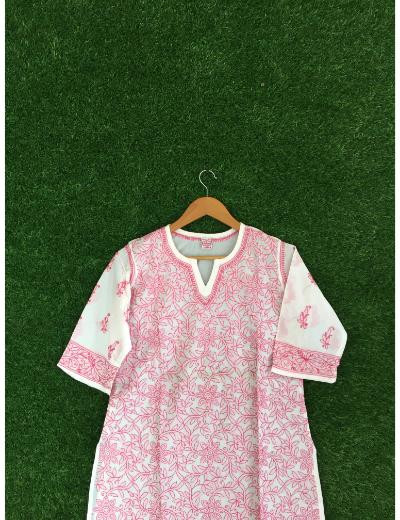 Chhangamal Hand Embroidered Pink  Colour Cotton Chikankari Short Kurti Piece