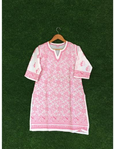 Chhangamal Hand Embroidered Pink  Colour Cotton Chikankari Short Kurti Piece