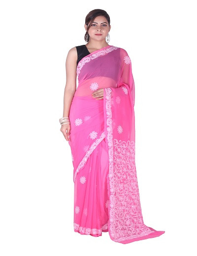 Chhangamal Hand Embroidered Pink Chikankari Faux Georgette Saree
