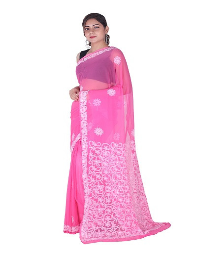 Chhangamal Hand Embroidered Pink Chikankari Faux Georgette Saree