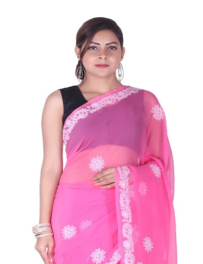 Chhangamal Hand Embroidered Pink Chikankari Faux Georgette Saree